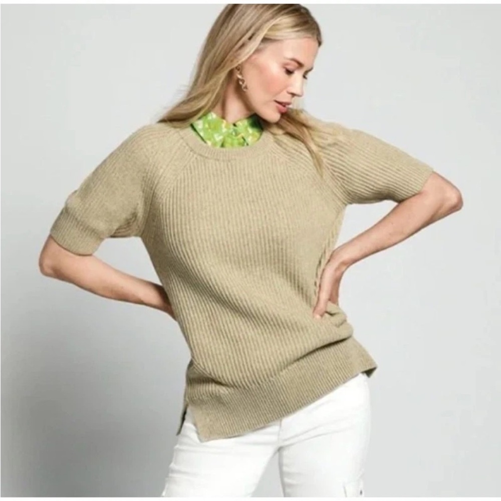Cabi Women PRIME Pullover Knit Flax Beige Green Neutral Short Sleeve Sweater‎ M